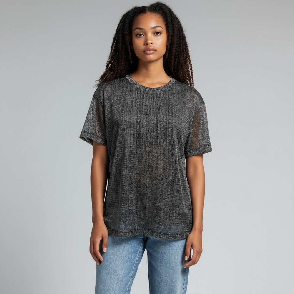 Vintage Pop Icon Silver & Black Metallic Mesh Top – Size Large USA